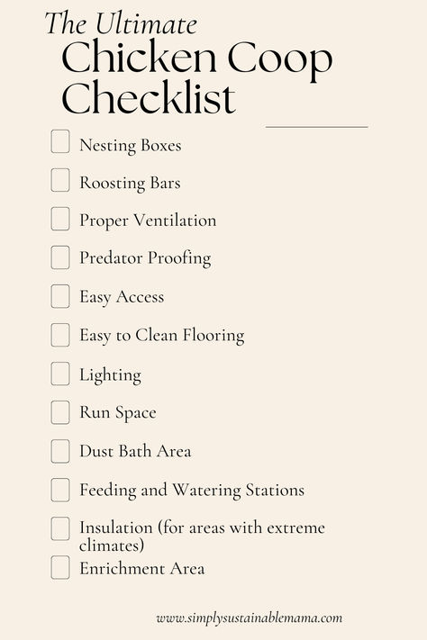 A comprehensive infographic titled 'The Ultimate Chicken Coop Checklist' illustrates the essential components of a functional and comfortable chicken coop. Elements include nesting boxes, roosting bars, proper ventilation, predator-proofing measures, easy access, easy-to-clean flooring, lighting, adequate run space, a dust bath area, feeding and watering stations, insulation for extreme climates, and an enrichment area to ensure a healthy and thriving environment for backyard chickens. Chicken 101 Raising, How Often To Clean Chicken Coop, Chickens As Pets, Self Sufficient Chicken Coop, Chicken Coop Care, Safe Chicken Coop Ideas, Farm Chickens Ideas, Chickens In Small Backyard, Chicken Coop Checklist