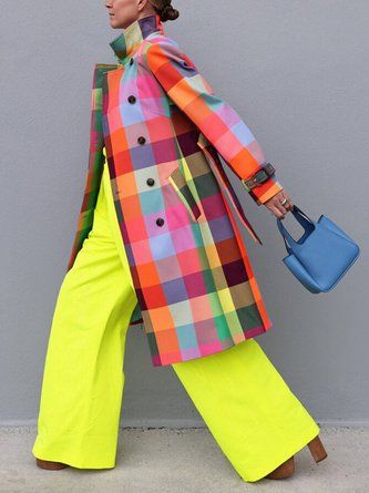 Bright Fall Fashion, Reese Witherspoon Fashion, Oversized Multicolor Sweater Coat For Fall, Chic Long Multicolor Outerwear, Casual Multicolor Long Coat, Colorful Fall Fashion, Fun Colorful Outfits, Color Block Outfits, Plaid Wool Trench Coat