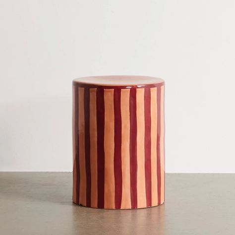 Striped Furniture, Clay Glaze, Ceramic Stool, Outdoor Stools, Outdoor Side Table, Apartment Furniture, Striped Wallpaper, Home Trends, Velvet Cushions