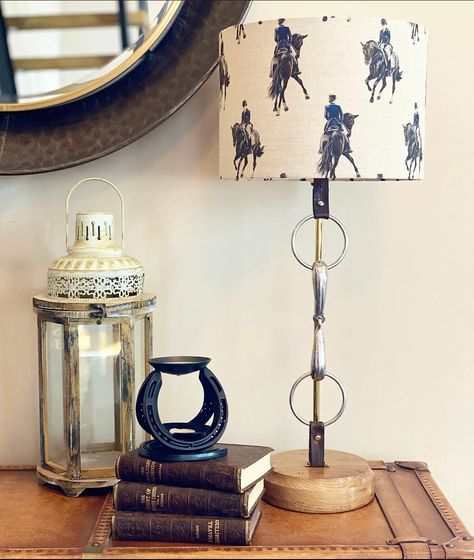 This Snaffle has been tastefully converted into a lamp. Mounted on a hand turned base with the Bridle leathers trimming the base and holding the snaffle in place. You can choose from a  variety of 3 equestrian themed shades An unusual piece to grace any country home. This lamp is handcrafted to order and may take 2 to 3 weeks for delivery. Equestrian Cottage Decor, Horse Office Ideas, Equestrian Decor Living Rooms, Equestrian Room Ideas, Equestrian Living Room, Equestrian Kitchen, Equestrian Room, Equestrian Chic Decor, Equestrian Bedroom