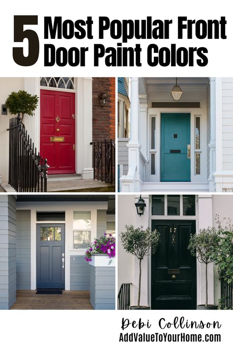 Your front door says alot about your home. Does your front door pop and say welcome? Or is it boring and dreary? The front door is THE area on your exterior where you can make a BOLD statement. Whether is be fun & wild or traditional, you want your front door to be a head turner! Check out these 5 most popular front door paint colors and make YOUR front door a show stopper! #frontdoorpaintcolors Best Door Colors For White House, Popular Front Door Colors 2023, Painting Front Door Black, Blue Front Door Colors, Navy Front Door, Exterior Front Door Colors, Painted Exterior Doors, Front Door Paint, Exterior Door Colors