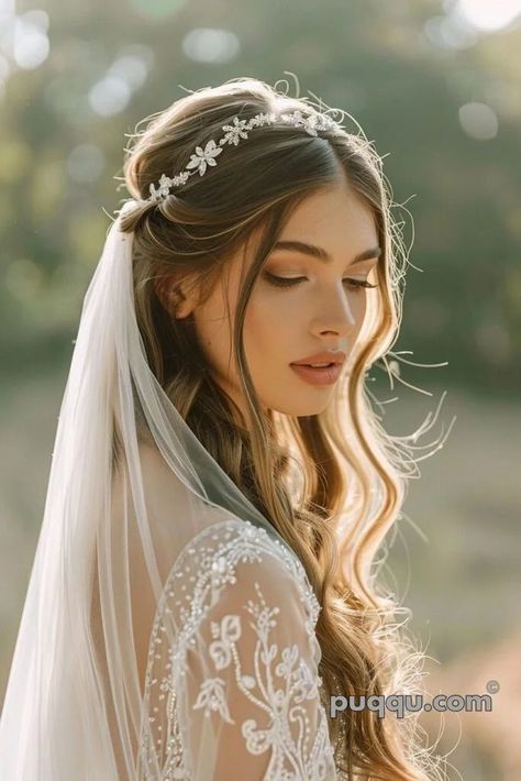 Bride Hairstyles With Headband And Veil, Wedding Hair Headband Veil, Wedding Hairstyles For Bride With Tiara, Down Bridal Hairstyles With Veil, Wedding Tiara And Veil, Bride Veil Hair Down, Half Up Wedding Hair With Veil, Bridal Hair With Headband, Hair Inspp