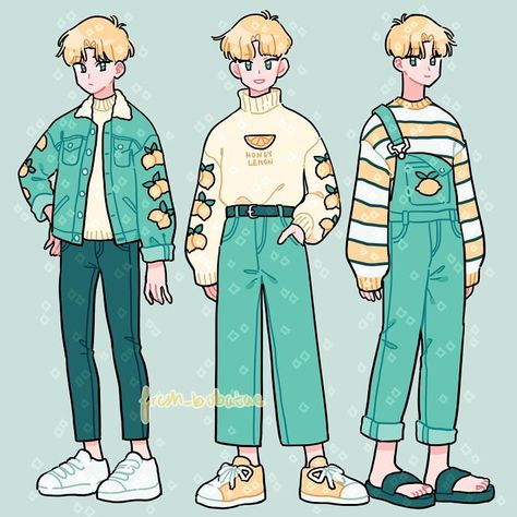 Emily Kim❤️ on Instagram: “Lem outfits! Swipe for the glasses version! Which fit is your favorite?” Cute Outfits For Men, Chibi Outfits, Outfits Illustration, Outfit Illustration, Lemon Boy, Arte Doodle, Arte Do Kawaii, Art Outfits