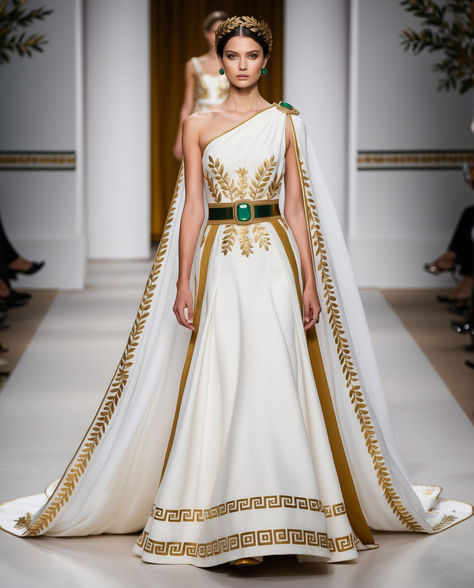 Classical Greek Clothing, Athena Inspired Dress, Greek Fantasy Clothing, Greece Goddess Costume, Greek Dress Goddesses, Greek Gown, Greece Outfits Summer, Egyptian Wedding Dress, Midsize Outfit Ideas