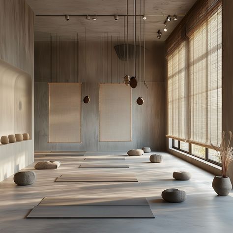 “Japandi style isn’t just seen, it’s felt; it promotes an interior calm as much as it does interior beauty.” A serene, minimalistic yoga studio that embodies the essence of Japandi design, blending Japanese and Scandinavian aesthetics. The space is characterised by its use of natural materials, particularly light wood and bamboo, creating a calming atmosphere with an earthy, neutral colour palette. The design emphasises simplicity, with hanging screens and panels that divide the room subtly,... Yoga Interior Design Studios, Japandi Spa Design, Yoga Center Design, Yoga Studio Design Interiors, Yoga Interior Design, Wellness Interior Design, Modern Yoga Studio, Japandi Style Home, Pilates Yoga Studio