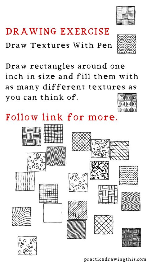 Draw rectangles around one inch in size and fill them with as many different textures as you can think of. Digital Drawing Practice Exercises, Art Warmups Exercises, Warm Up Drawing Exercises, Drawing Warm Ups Exercises, Drawing Excercices, Digital Drawing Practice, Drawing Warm Ups, Drawing Warmups, Drawing Practice Exercises