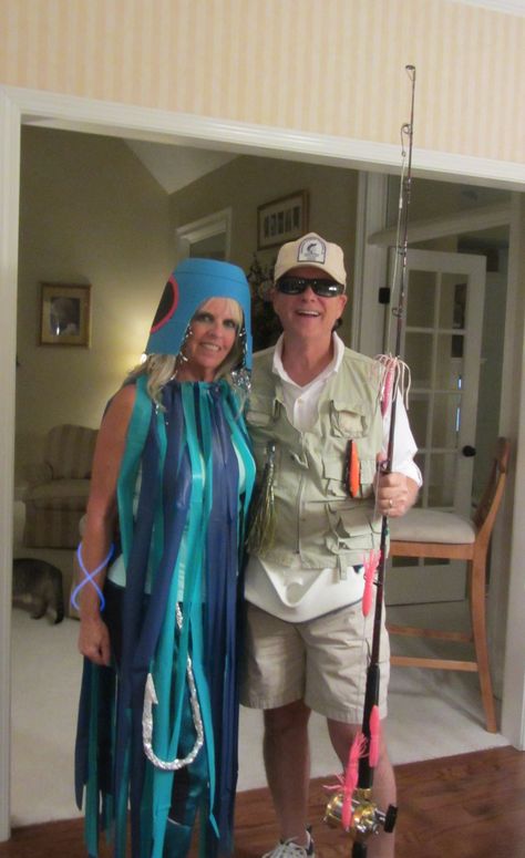 fishing lure Fisherman Costume Diy, Fisherman And Fish Halloween Costume, Fishing Lure Costume, Fishing Halloween Costume, Fisherman And Fish Costume, Fish And Fisherman Couples Costume, Fisherman Halloween Costume, Fishing Costume, Fish Fancy Dress