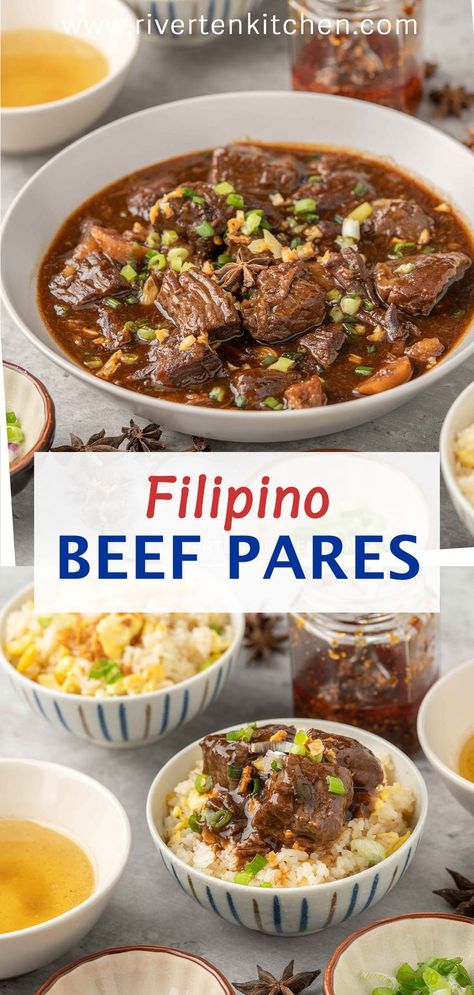 Braised Beef Chinese Style made with beef brisket, soy sauce, hoisin sauce and oyster sauce. Beef Pares Recipe, Beef Recipe Filipino, Philapino Recipes, Chinese Braised Beef, Beef Brisket Slow Cooker, Braised Beef Brisket, Beef Pares, Braised Beef Recipes, Slow Cooker Brisket