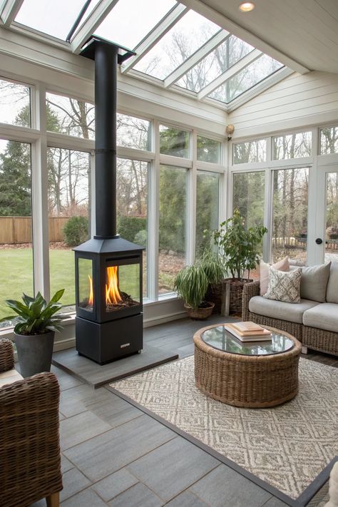 19+ Cozy Sunroom with Fireplace Ideas Sunroom With Fireplace, Mosaic Tile Fireplace, Sunroom Living Room, Hearth Pad, Cozy Sunroom, Suspended Fireplace, Mosaic Tile Sheets, Fireplace Mantel Shelf, Mantel Surround