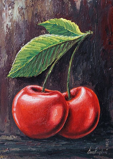 This original oil painting, titled "Sweet Cherries," captures the vibrant and juicy essence of fresh fruit. Measuring 5.1 x 7.1 inches (13x18 cm) and crafted with oil paints on hardboard, each piece in this series embodies the brightness and freshness of fruit. The artwork aims to evoke the sensation of being in a fragrant garden, surrounded by the enticing aroma of ripe fruits, as if they have just been plucked from the branch. Fruit Sculptures Art, Oil Paint Painting, Still Painting Ideas, Cherry Painting Acrylic, Fruit Oil Pastel, Fruit Painting Easy, Fruit Acrylic Painting, Cherry Artwork, Easy Still Life Painting