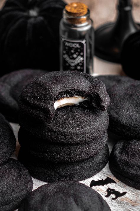 These black velvet cheesecake cookies are the perfect treat to bake for spooky season! They are extra dark chocolate cookies, stuffed with creamy cheesecake filling and rolled in black cocoa sugar. They're super decadent cookies that taste just like an Oreo! They're the perfect Halloween treat! If you're looking for other Halloween desserts, try my Black Velvet Cheesecake Cookies, Black Dessert Ideas, Crow Cookies, Goth Cookies, Goth Desserts, Eclipse Cookies, Black Desserts, Butterbeer Cake, Spooky Desserts