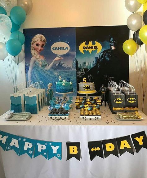 Elsa and Batman birthday Party/ Batman favor bags/ party decoration Sister Birthday Party Ideas, Sister Birthday Party, Batman Birthday Party Ideas, Shared Birthday Parties, Double Birthday Parties, Sibling Birthday Parties, Combined Birthday Parties, Twin Birthday Cakes, Twin Birthday Parties