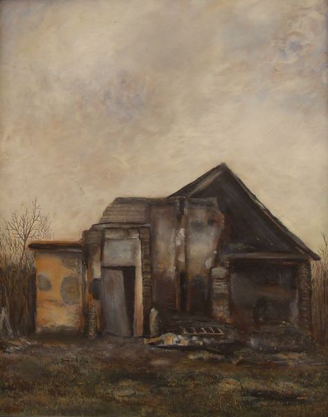 Dark old house, oil on hardboard 35x45 cm. Abandoned old house. Abandoned Places Painting, Abandoned Building Painting, Abandoned House Painting, Burning House Painting, Abandoned Painting, Old House Painting, Basil Hallward, Burnt House, Graphic Narrative