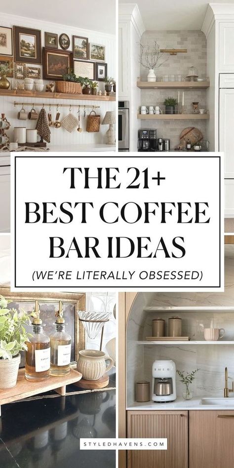 Searching for cute kitchen decor for your home coffee bar? These modern coffee bar ideas are literally *so-good* and range from totally rustic to absolutely elegant - whether you're looking more for small home coffee stations, or a larger scale kitchen renovation, these home coffee bar designs will be sure to inspire you! (SAVE to your KITCHEN IDEAS board for later!) Small Kitchen Coffee Bar Ideas, Coffee Bar Area In Kitchen, Coffee Bars In Kitchen Farmhouse Style, Vintage Coffee Bar Ideas, Counter Top Coffee Bar, Koffie Stations, Corner Coffee Bar Ideas, Coffee Corner Kitchen, Corner Coffee Bar