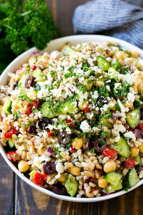 Farro Salad with Feta Farro Salad With Feta, Unusual Salads, Mediterranean Farro Salad Recipe, Salad Farro, Feta Dinner, Farro Salad Recipes, Farro Recipes, Salad With Mint, Feta Recipe