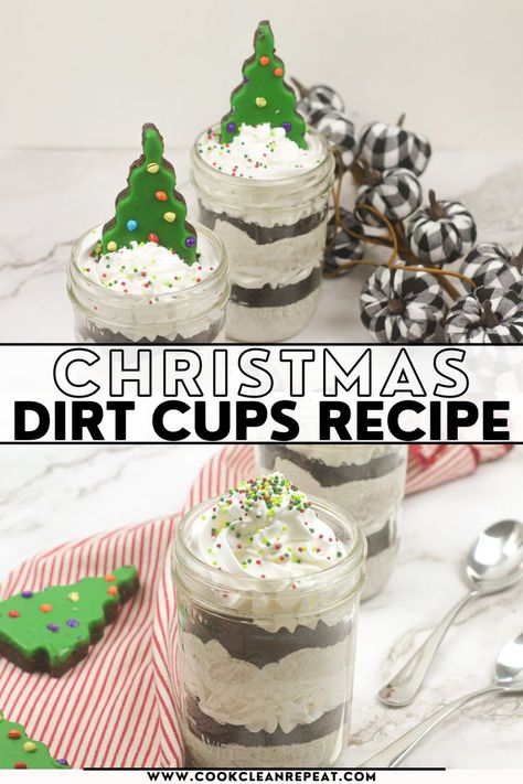 Christmas Dirt Cake Recipe, Dirt Cake Christmas, Christmas Jello Cups For Kids, Pudding Cups Christmas Ideas, Christmas Parfait Ideas, Christmas Mousse Cups, Christmas Dirt Pudding, Christmas Dessert In A Cup, Small Trifle Desserts