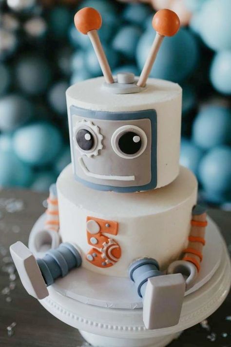 Cake Robot Birthday, Cake Robot, Robot Theme Cake, Kids Birthday Cake Ideas Boys, Cake 4 Birthday, Robot Birthday Party Cake, Cake Boys Birthday, Birthday Boys, Space Party Cake