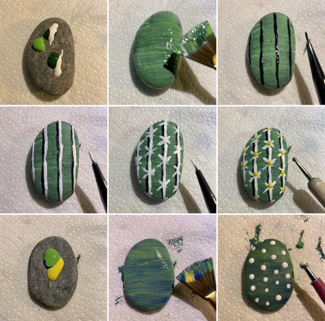 Rock Art Cactus, Rock Painting Ideas Plants, Cactus Stone Painting, Rocks Painted Like Cactus, Stone Painting Cactus Rock Art, Rock Cactus Garden Painted Stones, Rock Cactus, Painted Rock Cactus, Garden Rock Art