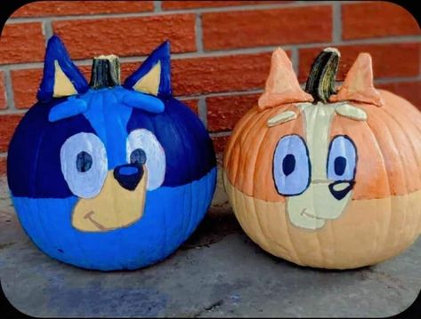 Bluey Cartoon Pumpkin Painting, Bluey Themed Pumpkins, Painted Pumpkin Ideas Bluey, Pumpkin Decorating Ideas Bluey, Painted Pumpkins 2023, Bluey Bingo Pumpkin, Fall Bluey Birthday, Pumpkin Painting Book Ideas, Trunk Or Treat Bluey Theme