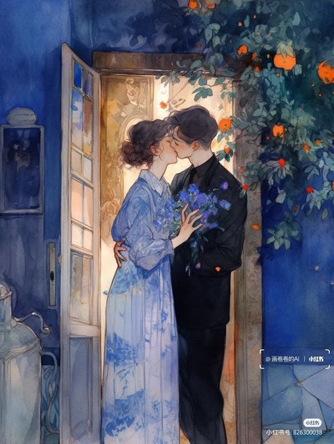 Kiss Wallpaper Love, Balcony Romance, Size Difference Couple Art, Inner World, Cute Couple Art, 수채화 그림, Romantic Art, Couple Art, Dreamy Art