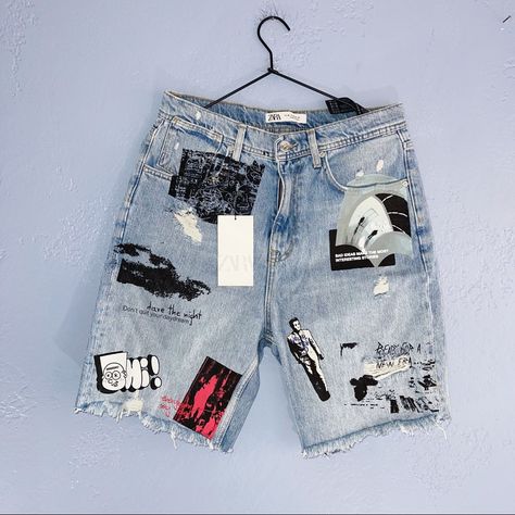 Shorts Painted, Punk Shorts, Zara Denim Jeans, Zara Mens, Zara Man Jeans, Blue Shorts Men, Mens Jean Shorts, Mens Denim Shorts, Black Jeans Men