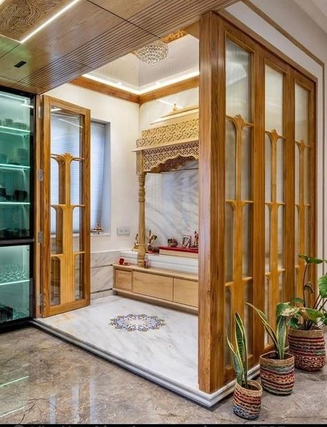 Mandir In House Puja Room, Puja Room In Bedroom, Traditional Puja Room Design, Temple Designs For Home Indian, Pooja House Design, Living Room Mandir Ideas, Living Room With Pooja Room, Glass Puja Room Ideas, House Pooja Room Design