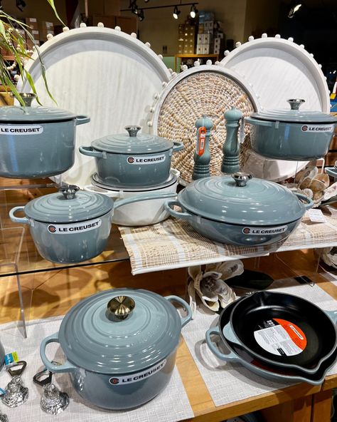 Le Creuset Sea Salt Collection, White Le Creuset, Le Creuset Collection Display, Le Creuset Coastal Blue, Le Creuset Collection, Le Creuset Sea Salt, Le Creuset Display, Gatsby Kitchen, Le Creuset Pots