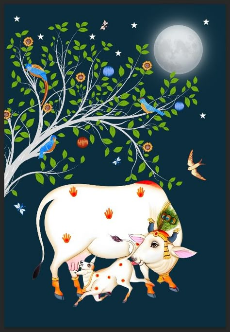 Kamdhenu Cow Wallpaper, Cow Design Wallpaper, Krishna Cow Images, Kamadhenu Painting, Kamdhenu Cow Painting, Cow Mural, Pichwai Cow, Kamdhenu Cow, Shreenath Ji