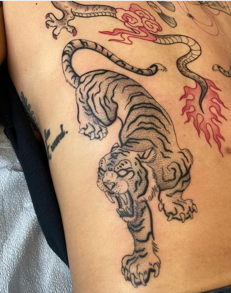 Tiger Tattoo Thigh, Traditional Tiger Tattoo, Leopard Tattoos, Hip Thigh Tattoos, Girl Back Tattoos, Tiger Tattoo Design, Hip Tattoos Women, Leg Tattoos Women, Thigh Tattoos Women