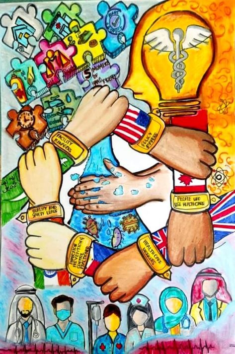 Unite for safety, clean your hands Washing Hands Poster, Hand Hygiene Posters Nursing, Global Handwashing Day Poster, Antimicrobial Resistance Poster, Poster Kesehatan Simple, Cleanliness Drawing, Poster Making About Health, Hand Hygiene Posters, Health Awareness Poster