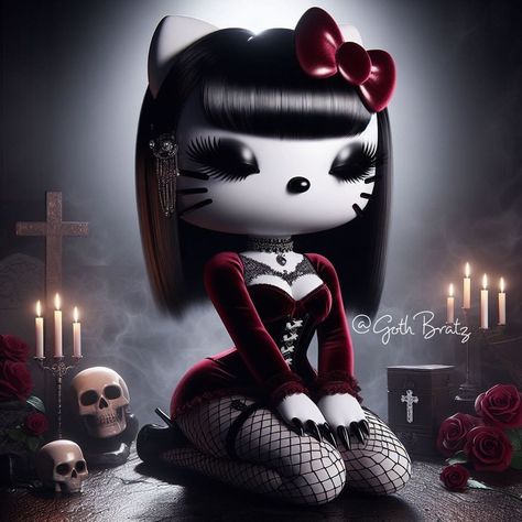 Goth hello kitty 🖤✨🕯️ #hellokitty #ai #explorepage Goth Hello Kitty Aesthetic, Drawing Positions, Goth Hello Kitty, Goth Kitty, Hello Kitty Aesthetic, Gacha Stuff, 7 And 7, Cute Art, Hello Kitty