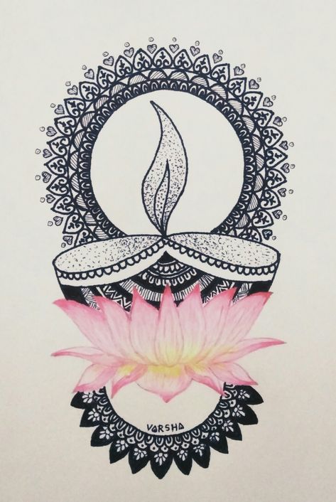 My first mandala drawing with watercolor flower, reference from Doodle H (YT). #mandala #art #diwali #diya #lotus #watercolor #easy #forbeginners #mandalafordiwali Mandalas, Drawing Pics Sketch, Mandala Art Lotus Flowers, Diya Drawing For Diwali, Mandala Art Ideas Easy, Diwali Drawing Ideas Mandala, Drawing Ideas For Diwali, Lotus Rangoli Designs Diwali, Lotus Doodle Art