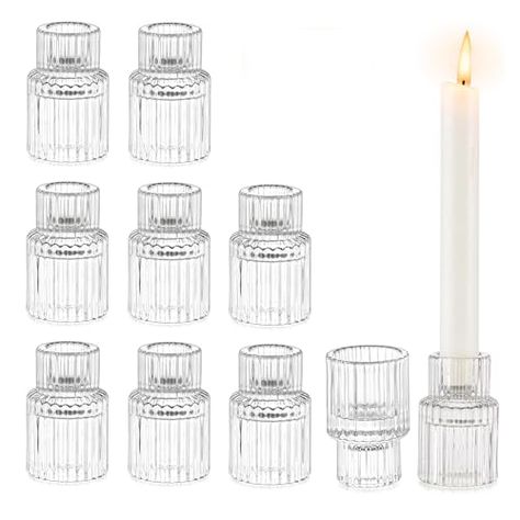 Glasseam Small Candle Stick Holder: Crystal Clear Glass Candle Holder Set of 10, Modern Taper Candle Holders for Table Centerpiece, Ribbed Tapered Candlestick Holders for Dining Room Decoration Candle Stick Holders Decor, Small Glass Candle Holders, Clear Candle Holders, Colored Candles, Clear Glass Candle Holders, Clear Candles, Small Candle Holders, Candle Stick Holder, Coloured Candles