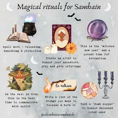 A L I C E ✨🌿 on Instagram: "✨🎃MAGICAL RITUALS FOR SAMHAIN 🎃✨ What magical rituals will you be doing around the 31st for Samhain? It is the witch’s new year after all! 🧙🏼‍♀️✨🧙🏼‍♂️ Content and graphic design @alicethestarseedwitch Follow @alicethestarseedwitch for more witchy and magical content... #samhain #samhainrituals #samhainactivities #samhainritual #halloweenrituals #halloweenactivities #witchesnewyear" Samhain Traditions, Wicca Holidays, Pagan Sabbats, Samhain Altar, Samhain Ritual, Witch Rituals, Samhain Halloween, Witch Spirituality, Wiccan Spell Book