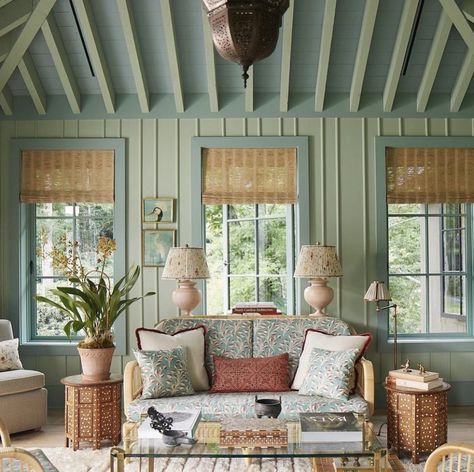 Dix Blue, Veranda Magazine, All White Room, Wicker Hamper, Sunroom Designs, North Carolina Mountains, White Rooms, Mountain House, Summer House