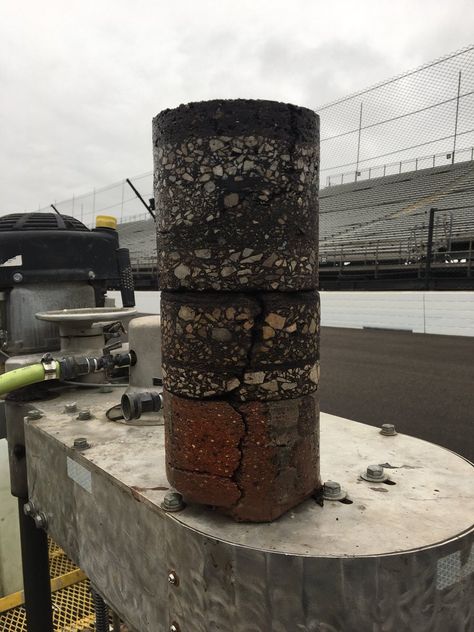 The Indianapolis Motor Speedway core sample showing 108 years of track surface. Photos posted October 27, 2017 by IMS President J.Douglas Boles (@jdouglas4) Brick Laying, Stone Road, Indianapolis Motor Speedway, Meteor Garden 2018, Indianapolis 500, Motor Speedway, Heavy Machinery, Olive Garden, Semarang