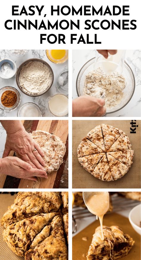 These homemade cinnamon scones are perfect for fall! With a homemade cinnamon butter that's shredded up to create pockets of flavor and a beautiful marbled look. Topped with a quick cinnamon glaze. Made with no eggs and no store-bought cinnamon chips! Serve these easy scones at your next breakfast or autumn brunch. Includes step by step pictures and a ton of notes to help you make perfect scones on the first try. Cinnamon Crunch Scones Panera Recipe, Egg Free Scones Recipe, Cinnamon Bun Scones, Scones Recipe No Egg, Scone Glaze Recipe Easy, Scones Without Eggs, Cinnamon Scones Recipe Easy, Small Batch Scones, Fall Scones Recipe