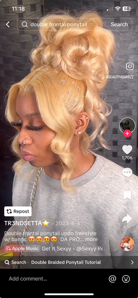 Ash Blonde Updo Black Women, Blonde Double Frontal Ponytail, Blonde Updo Black Women, Honey Blonde Ponytail, Updo Black Women, Vacay Hairstyles, Barbie Ponytail, Blonde Updo, Ponytail Tutorial