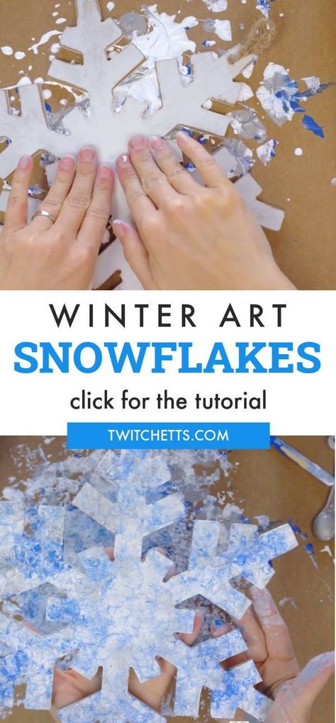 Painting Wooden Snowflakes, Snowflake Door Decorations Classroom, Snowman Art Preschool, Snowflake Art For Kids, Painted Wooden Snowflakes, Snowman Art For Kids, Snowflake Art Project, Winter Art For Kids, Snowflake Crafts For Kids