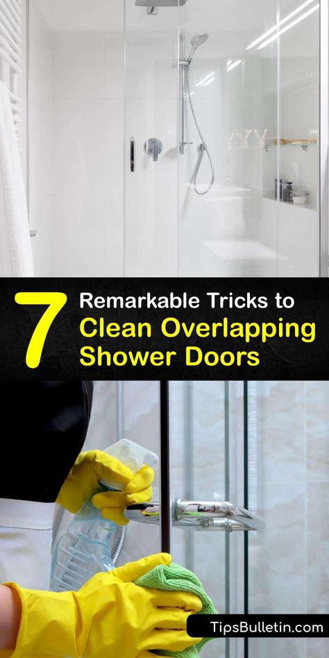 Keep your glass shower enclosure and shower door track clean. Find out how to get between overlapping sliding shower doors for a clear finish. Clean shower door tracks and glass with remedies using vinegar, dish soap, baking soda, and more. #clean #overlapping #shower #doors #sliding Cleaning Shower Door Tracks, Best Way To Clean Glass Shower Doors, Clean Shower Door, Shower Doors Sliding, Cleaning Glass Shower Doors, Glass Shower Door Cleaner, Cleaning Shower Glass, Shower Door Seal, Shower Door Track