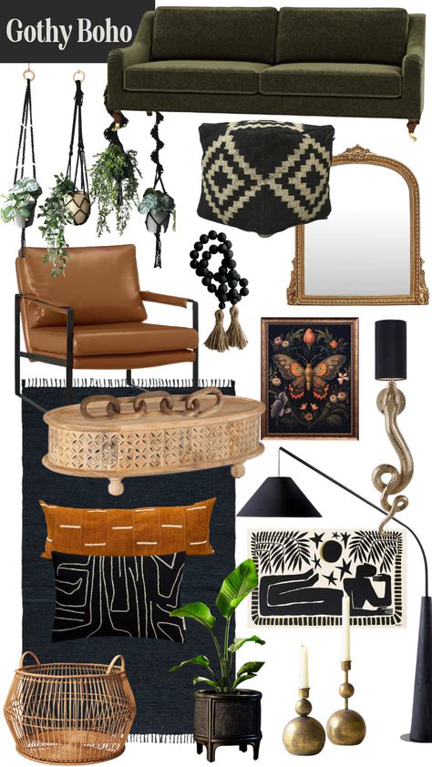 Project Photos — Armadillo Decor | Interior Decor Earthy Glam Decor, 1920s Boho Decor, Boho Goth Living Room Ideas, Boho Grunge Home Decor, Modern Witchy Living Room, Earth Tones And Black, Edgy Boho Home Decor, Dark Earthy Living Room Aesthetic, Edgy Boho Living Room