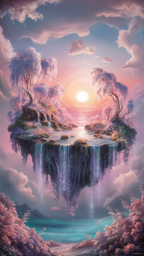 Immerse yourself in a serene, vibrant landscape with our floating island wallpaper. This enchanting scene features cascading waterfalls, iridescent trees, and a sky painted in dreamy hues of pink and lavender. Perfect for nature lovers and fantasy fans, this wallpaper transforms your space into an otherworldly escape. Ideal for digital devices or home decor. #FloatingIsland #Wallpaper #NatureArt #FantasyDecor Surreal Sunset, Whimsical Clouds, Waterfall Background, Pink Island, Dreamy Sunset, Waterfall Wallpaper, Island Wallpaper, Mobile Backgrounds, Waterfall Paintings