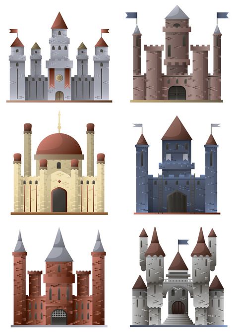 Set of towers and castles Premium Vector | Premium Vector #Freepik #vector #house #icon #building #character Galton Board, Colour Interaction, Medieval Environment, Castle Images, Maps Illustration, Paper Models House, Castle Cartoon, Pixel Character, Castle Vector