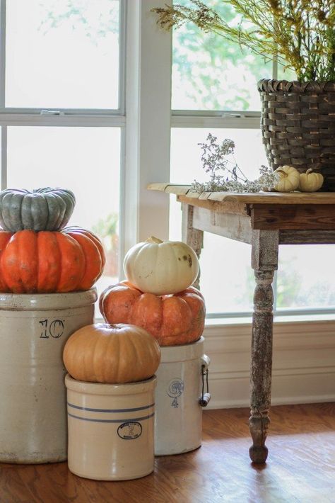 Vintage Fall Baskets: Styling Ideas - Beauty For Ashes Crocks Decor Ideas, Crocks Decor, Crock Decor, Fall Baskets, Vintage Fall Decor, Antique Crocks, Old Crocks, Vintage Crock, Home Budget