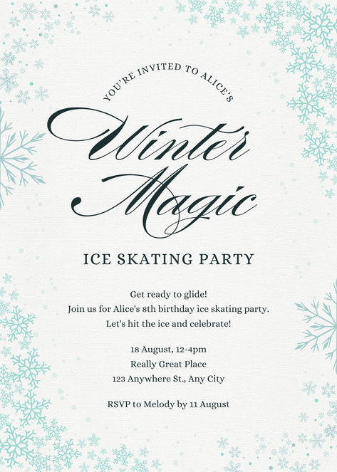 Blue Elegant Winter Snowflakes Kids Birthday Invitation Kids Birthday Invitation Template, Winter Birthday Invitations, Ice Skating Party, Winter Party Themes, Snowflake Party, Kids Birthday Invitation, Elegant Snowflake, Magical Winter, Free Invitation Templates