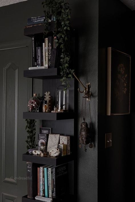 Goth Aesthetic Interior, Oddities Room Aesthetic, Chic Gothic Decor, Black Aesthetic Office, Gothic Reading Corner, Black Vintage Room Aesthetic, Goth Home Aesthetic Modern, Home Decor Ideas Dark Academia, Alt Living Room Decor