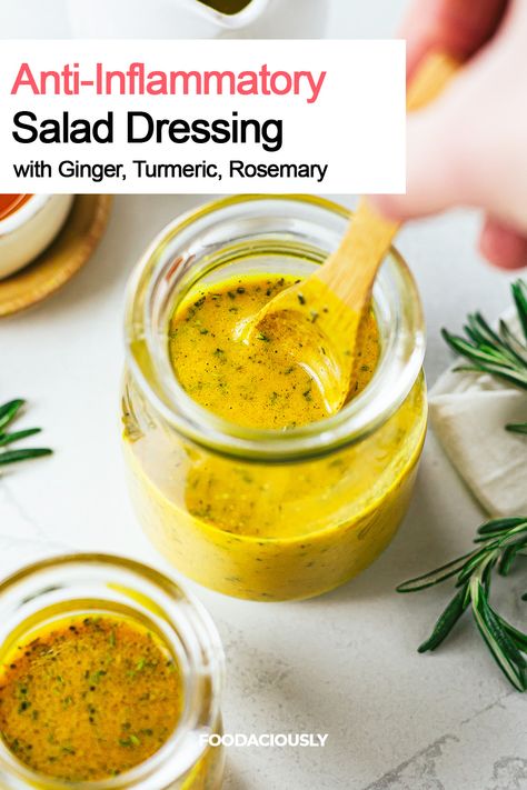 anti-inflammatory ginger turmeric salad dressing Cumin Dressing Recipe, Ginger Turmeric Recipes, Breakfast Salad Dressing, Tumeric Recipes Inflammation Raw Honey, Rosemary Salad Dressing, Turmeric Dressing Recipe, Salad Dressing For Arugula, Anti Inflammation Dressing Recipes, Turmeric Paste Recipe