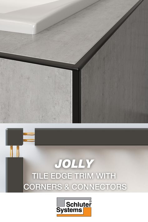 Schluter-JOLLY tile edge trim profile features a 90-degree angle, matching corner,s and connectors. The 90-degree angle creates a clean, flush look on wall corners while protecting tile edges from damage. JOLLY features integrated joint spacers on both sides of the profile to ensure consistent and symmetrical grout joints. Tile Corner Trim, Tile Edging Trim Ideas, Schluter Tile Edge, Tile Edge Trim, Tile Steps, Corner Borders, Pony Wall, Primary Bath, Joinery Details