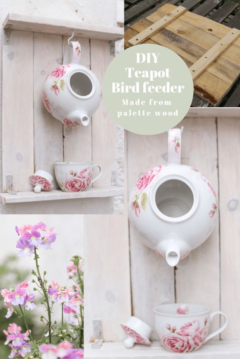 Bird Feeders Diy, Bird Feeder Diy, Tea Pot And Cup, Teapot Birdhouse, Teapot Crafts, Junk Garden, Metal Garden Furniture, Shady Garden, Budget Interior