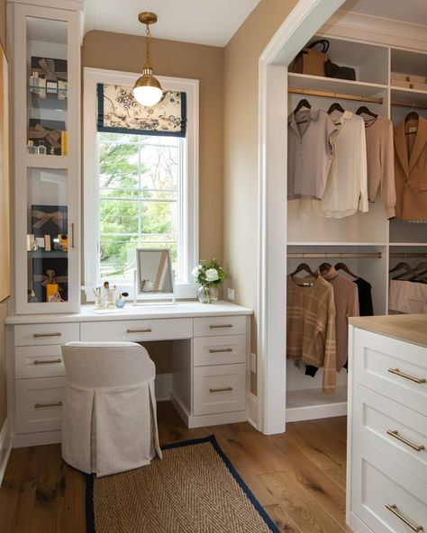 Shoe Storage Room, Closet With Vanity, Bedroom Nooks, Desk And Vanity, Bedroom Nook, Closet Vanity, Dream Closet Design, California Closets, Elegant Interior Design